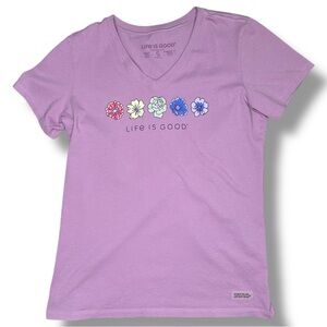 Life Is Good Womens Purple Rainbow Flower V-Neck Tee sz S